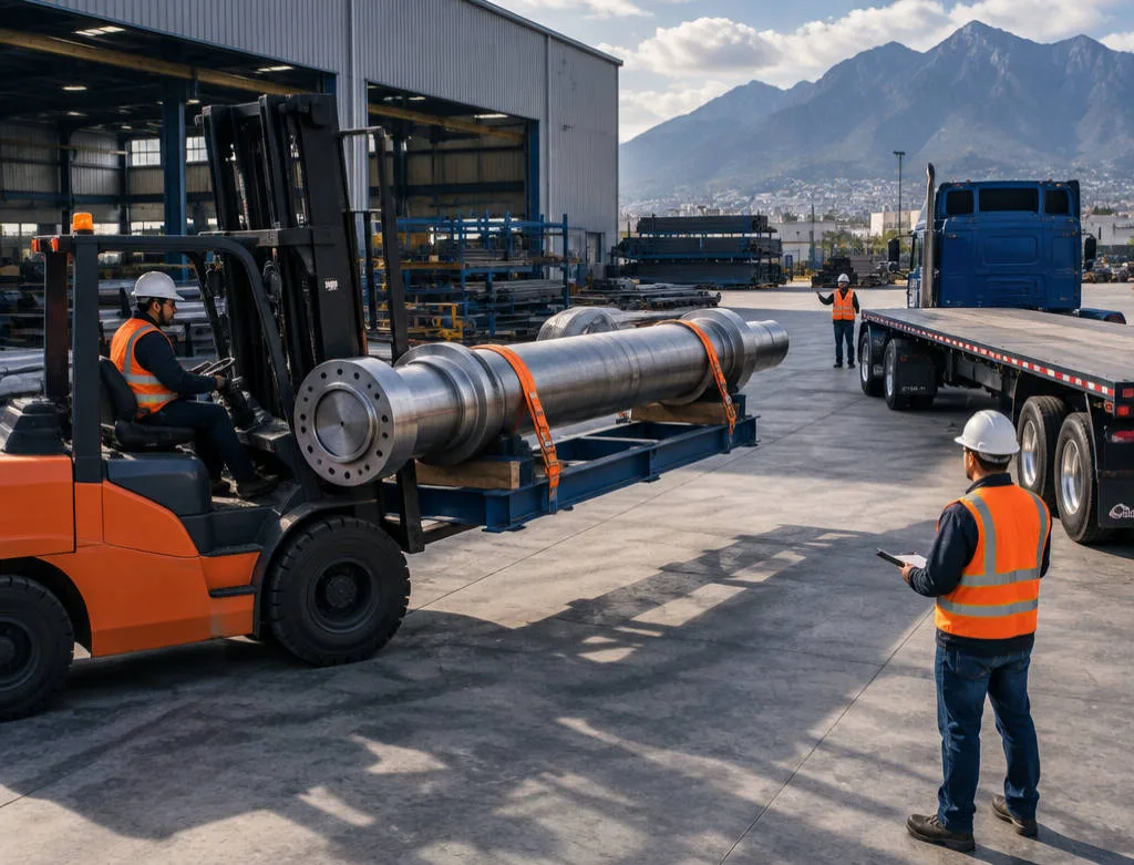 Montacargas moviendo una flecha de gran tamaño hacia un camión de plataforma
