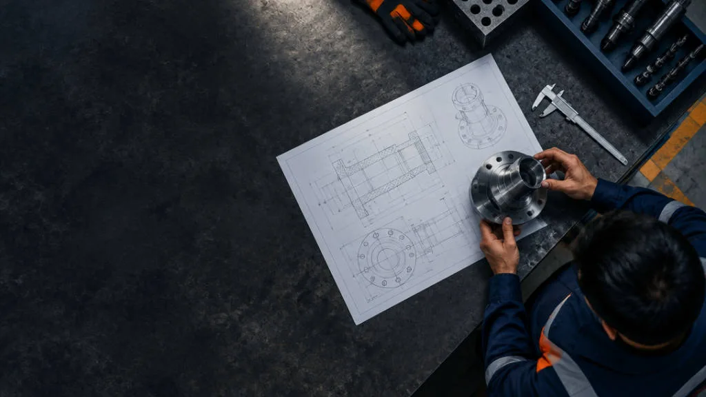 Técnico revisando un plano junto a una brida maquinada